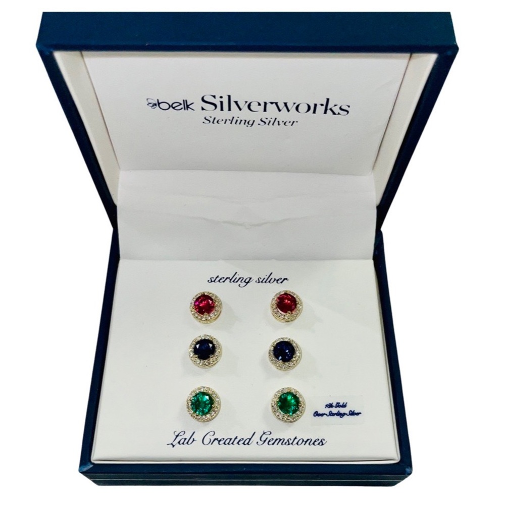 Silverworks 18K Gold Over Sterling Silver Multi-Gem 3 Pair Stud Earring Set